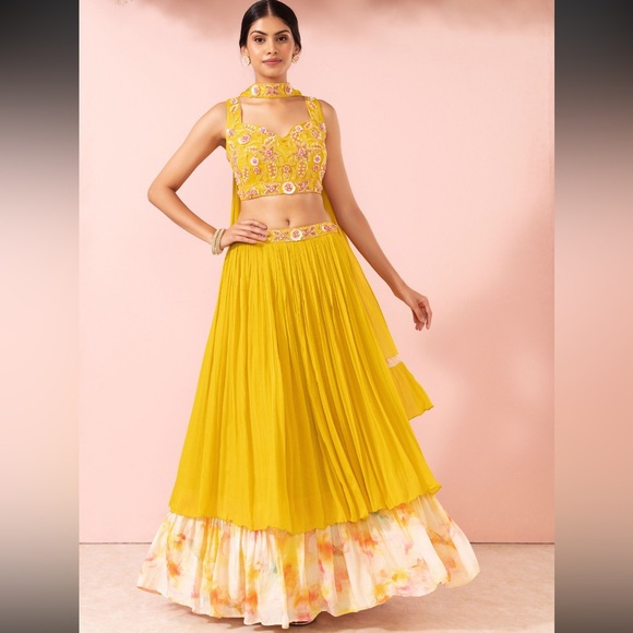 House of Indya floral tie dye yellow haldi embellished lehenga set - Picture 1 of 13